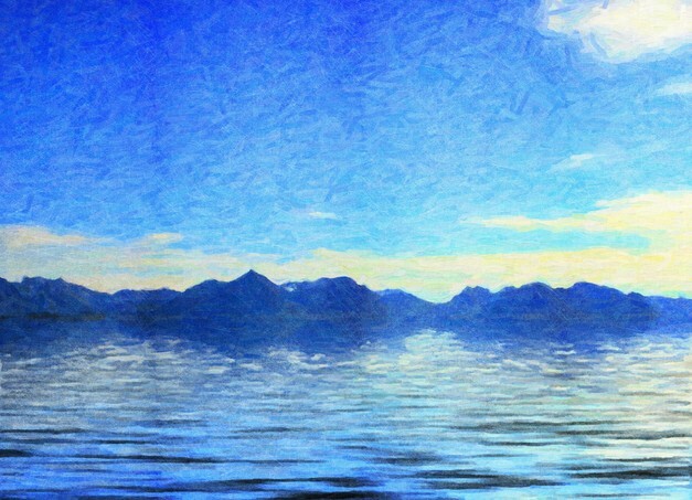The blue sea with mountains, Grunge drawing - Digital structure of painting